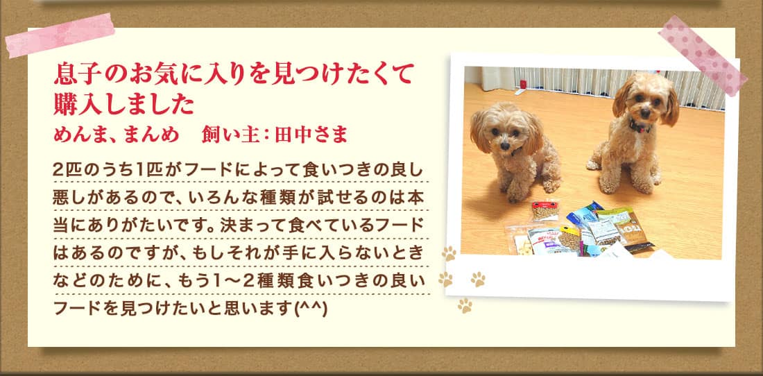 息子のお気に入りを見つけたくて購入しましためんま、まんめ 飼い主:田中さま 2匹のうち1匹がフードによって食いつきの良し悪しがあるので、いろんな種類が試せるのは本当にありがたいです。決まって食べているフードはあるのですが、もしそれが手に入らないときなどのために、もう1〜2種類食いつきの良いフードを見つけたいと思います(^^)