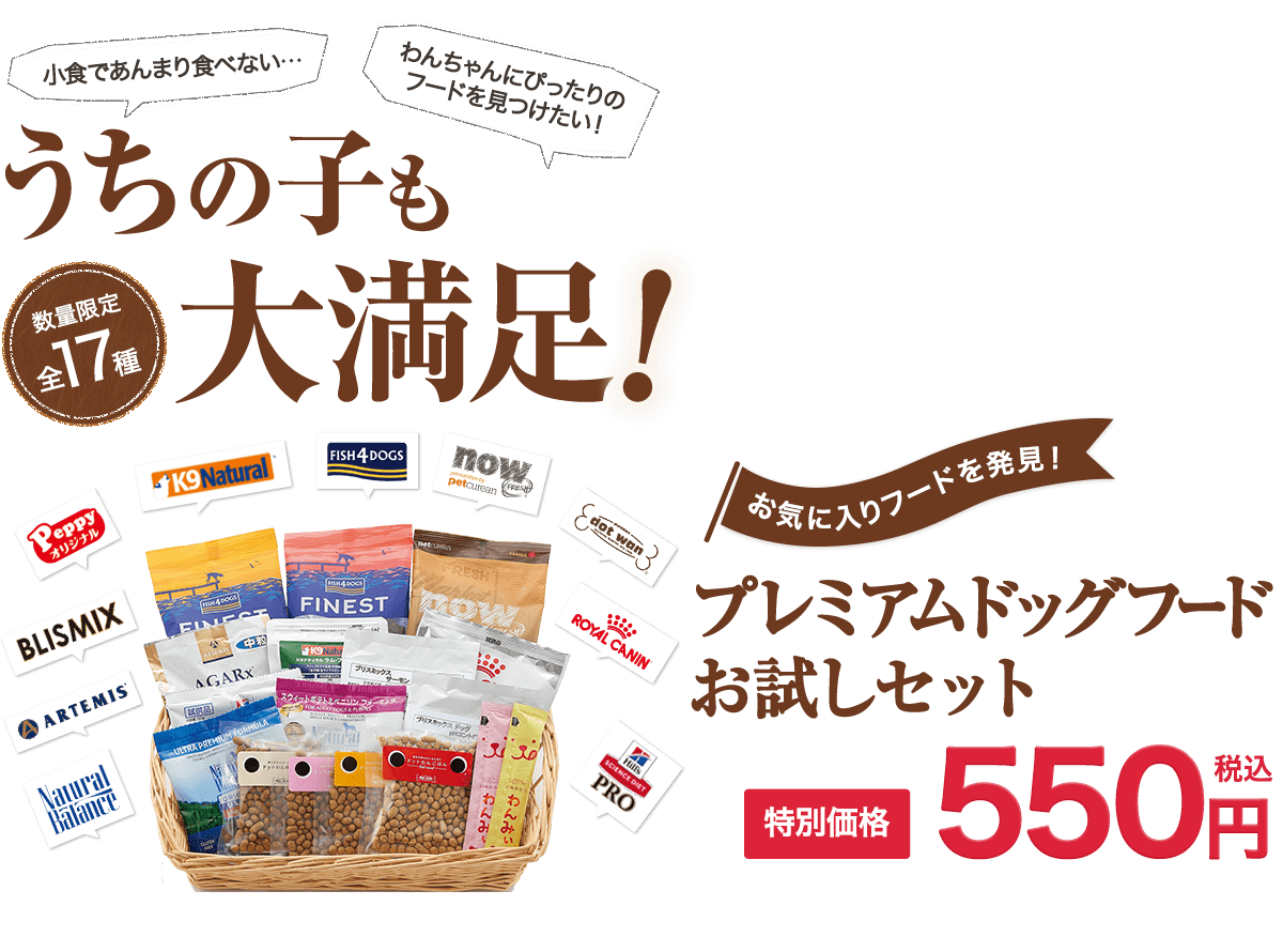 小食であんまり食べない… わんちゃんにぴったりのフードを見つけたい! お気に入りフードを発見! うちの子も満足のプレミアムドッグフードお試しセット 数量限定全17種 特別価格 550円税込